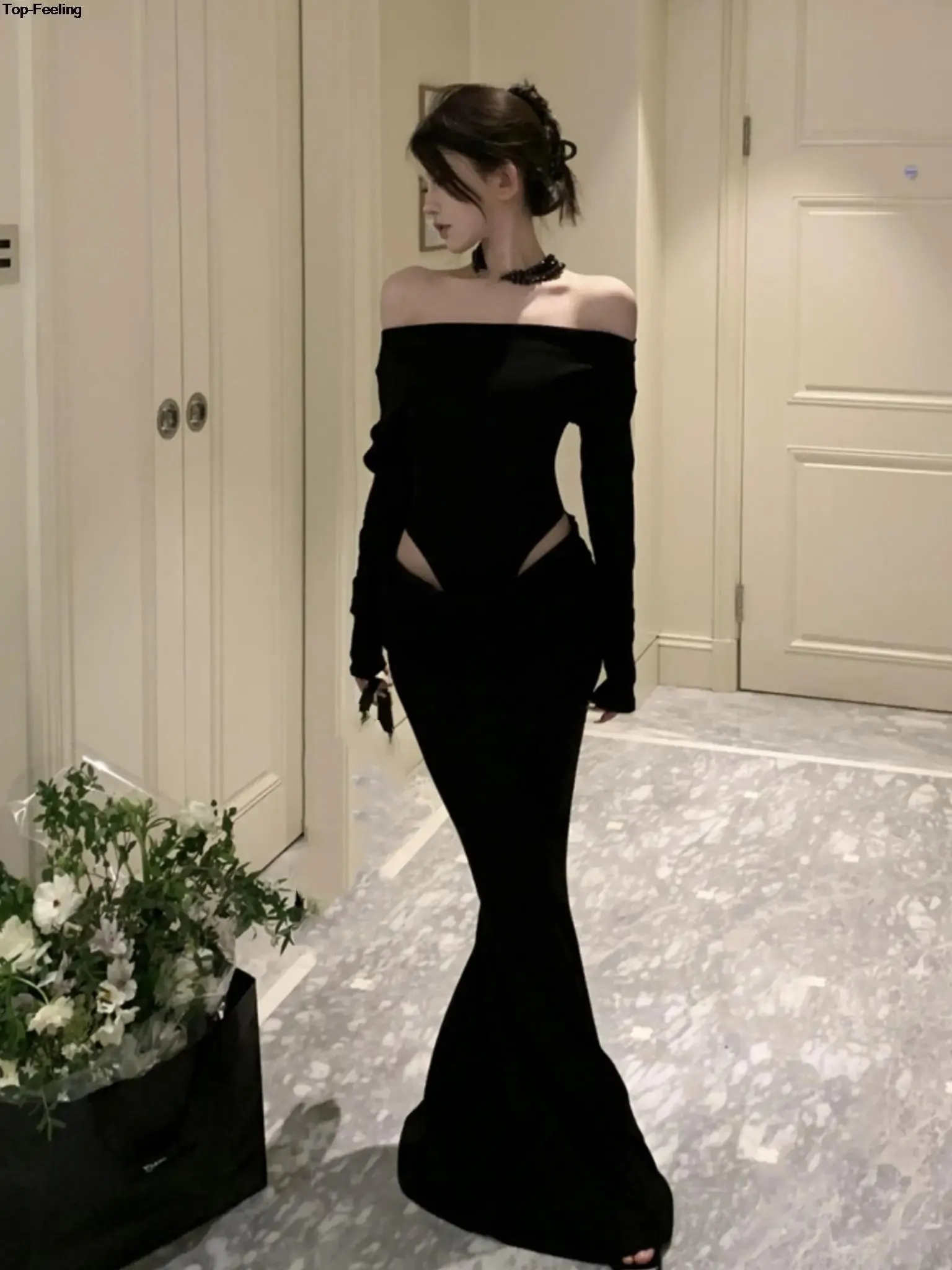 Flytonn-Women Sexy Hollow Out Black Long Dress Spring Autumn Fashion Bodycon Party Prom Runway Robe Female Y2k Streetwear Mujers Clothes