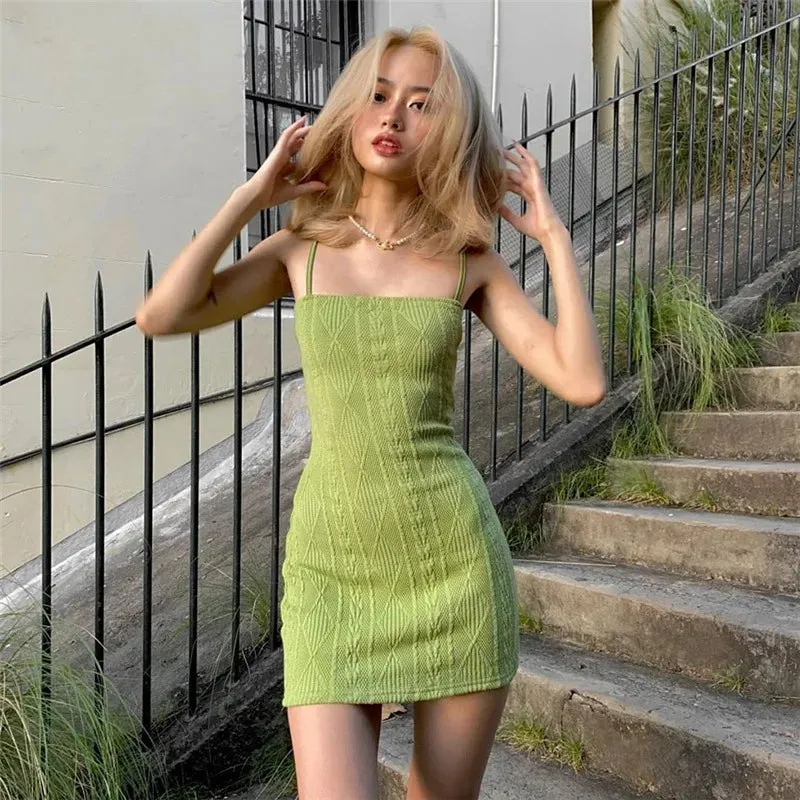 Girlary Missnight Summer Green Dress Knitted Straped Backless Slim Sexy Mini Bodycon Dress Party Club Streetwear Vintage