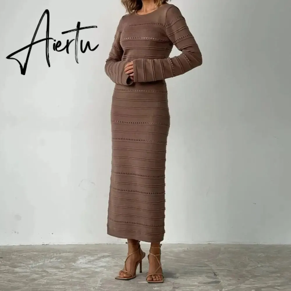 Hollow Out Bodycon Knit Dress Female Patchwork Solid High Waist Long Sleeve Fashion Knitwear Party Dress Gown Streetwear