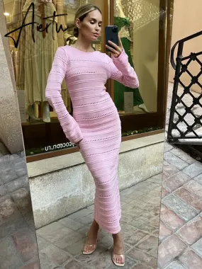 Hollow Out Bodycon Knit Dress Female Patchwork Solid High Waist Long Sleeve Fashion Knitwear Party Dress Gown Streetwear