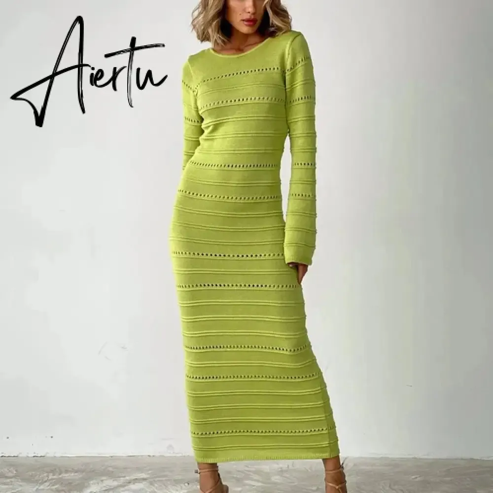 Hollow Out Bodycon Knit Dress Female Patchwork Solid High Waist Long Sleeve Fashion Knitwear Party Dress Gown Streetwear