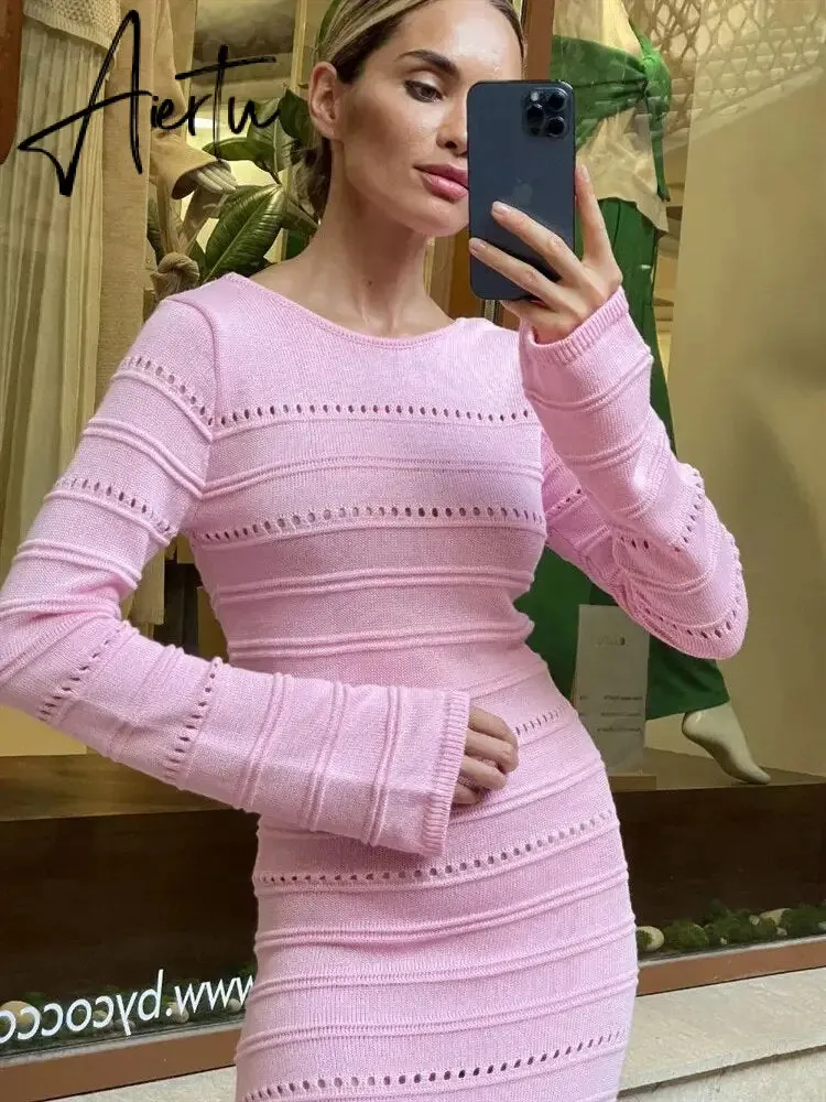 Hollow Out Bodycon Knit Dress Female Patchwork Solid High Waist Long Sleeve Fashion Knitwear Party Dress Gown Streetwear