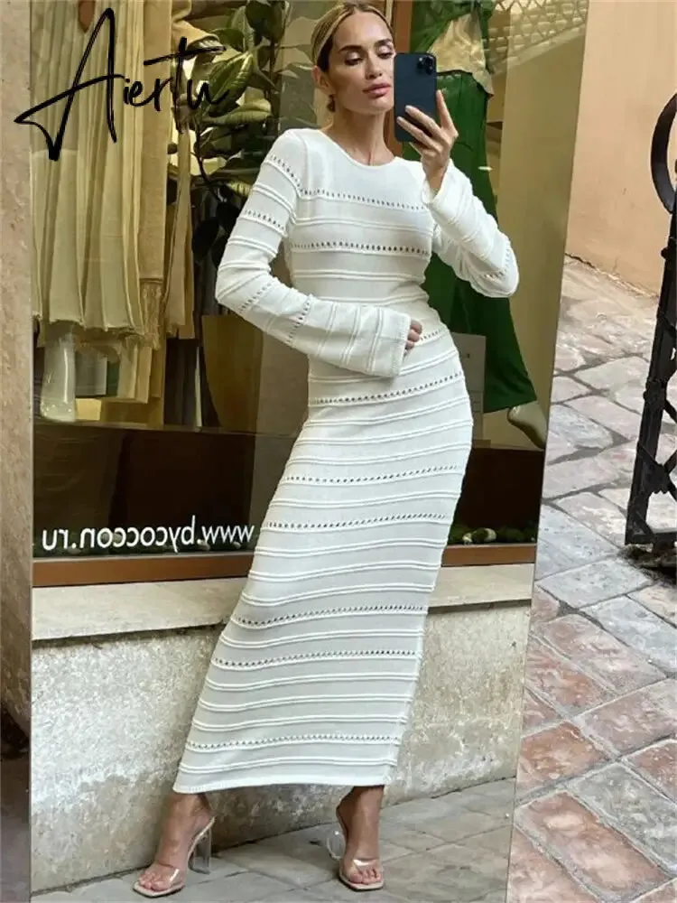 Hollow Out Bodycon Knit Dress Female Patchwork Solid High Waist Long Sleeve Fashion Knitwear Party Dress Gown Streetwear