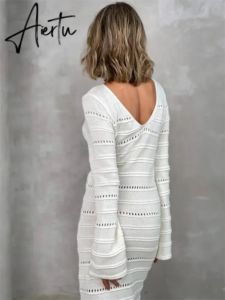 Hollow Out Bodycon Knit Dress Female Patchwork Solid High Waist Long Sleeve Fashion Knitwear Party Dress Gown Streetwear