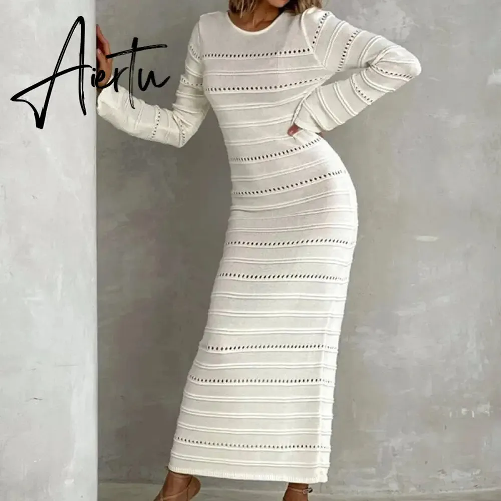 Hollow Out Bodycon Knit Dress Female Patchwork Solid High Waist Long Sleeve Fashion Knitwear Party Dress Gown Streetwear