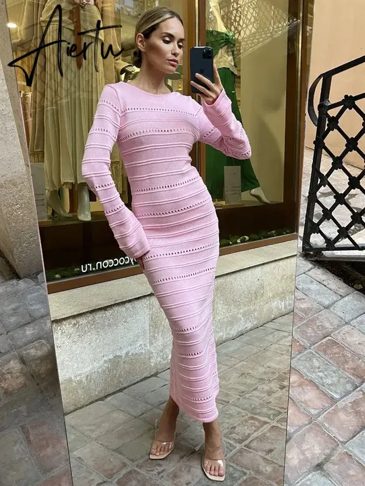 Hollow Out Bodycon Knit Dress Female Patchwork Solid High Waist Long Sleeve Fashion Knitwear Party Dress Gown Streetwear