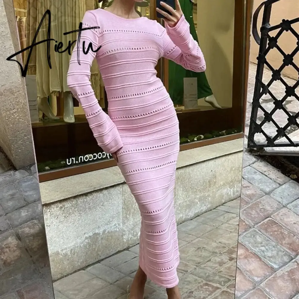 Hollow Out Bodycon Knit Dress Female Patchwork Solid High Waist Long Sleeve Fashion Knitwear Party Dress Gown Streetwear