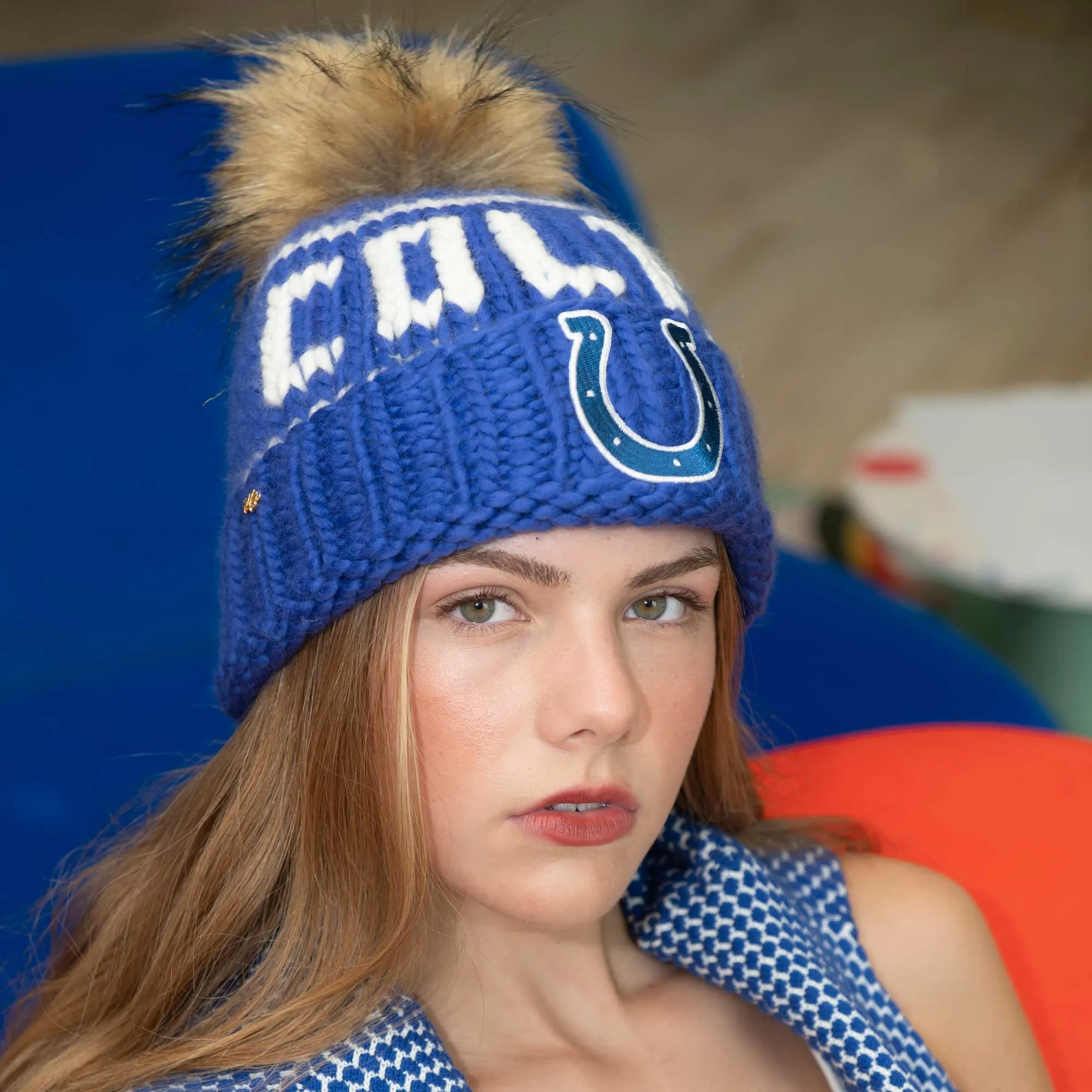 INDIANAPOLIS COLTS LELE SADOUGHI X NFL ROYAL BLUE BEANIE FAUX FUR POM