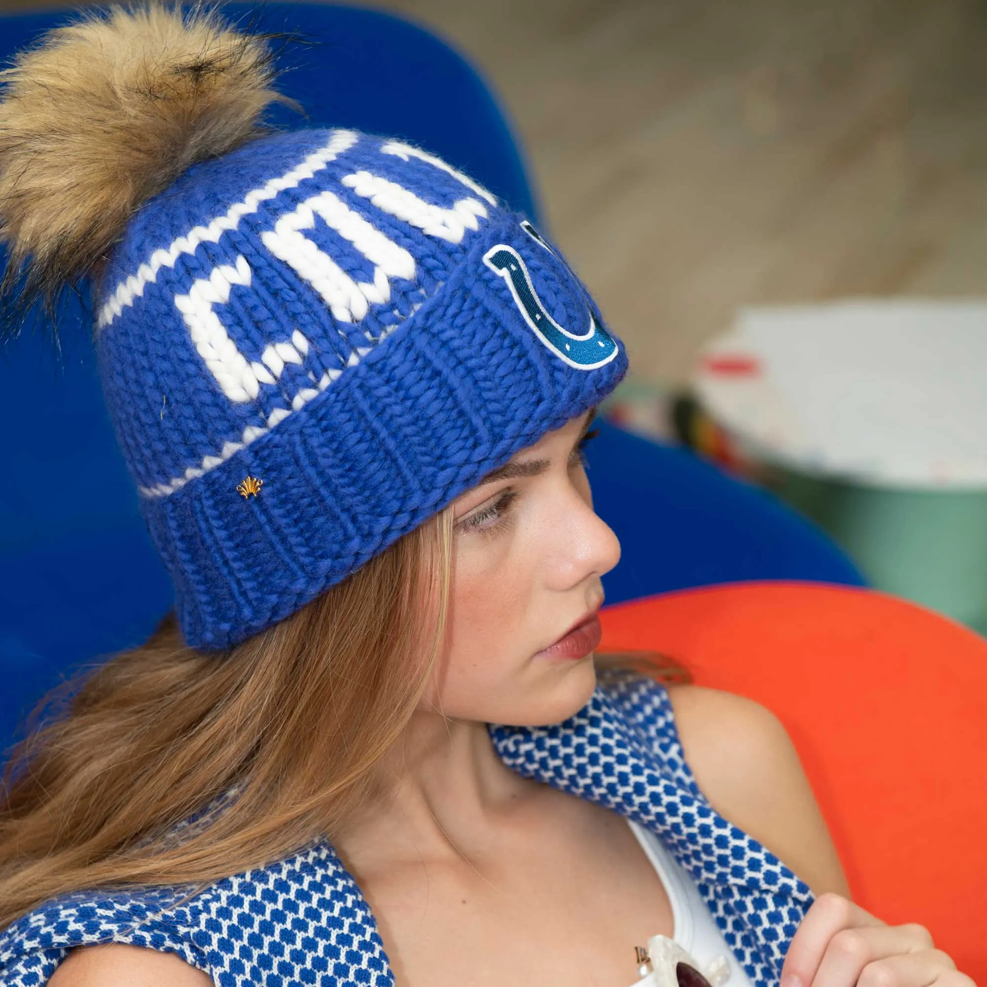 INDIANAPOLIS COLTS LELE SADOUGHI X NFL ROYAL BLUE BEANIE FAUX FUR POM