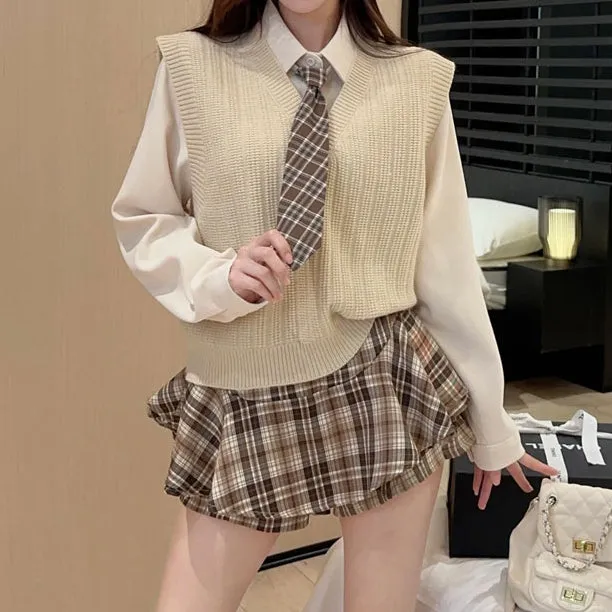 Knitted Vest Layering Shirt High Waist Skirt Set