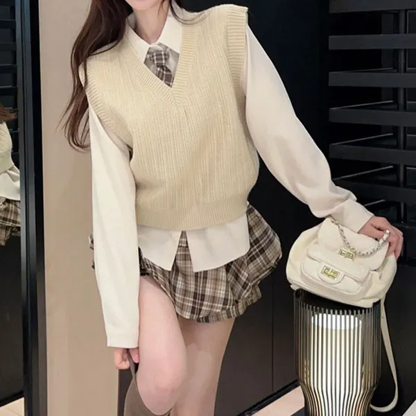Knitted Vest Layering Shirt High Waist Skirt Set