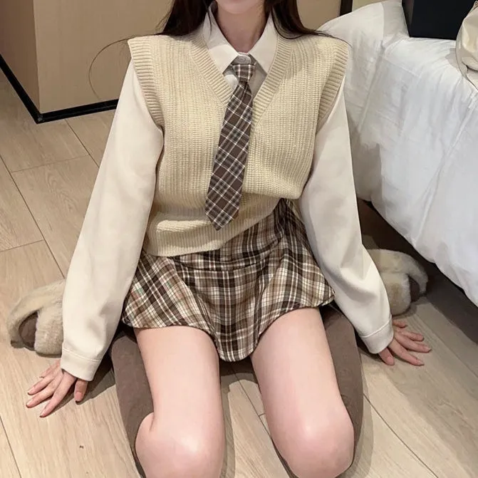 Knitted Vest Layering Shirt High Waist Skirt Set