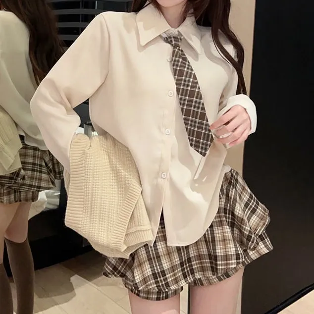 Knitted Vest Layering Shirt High Waist Skirt Set