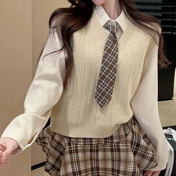 Knitted Vest Layering Shirt High Waist Skirt Set