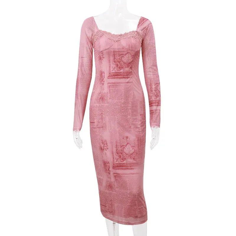 Lace 2024 Up Sleeve Women Bodycon Autumn Long Long Sexy Fashion Backless Slim Dress