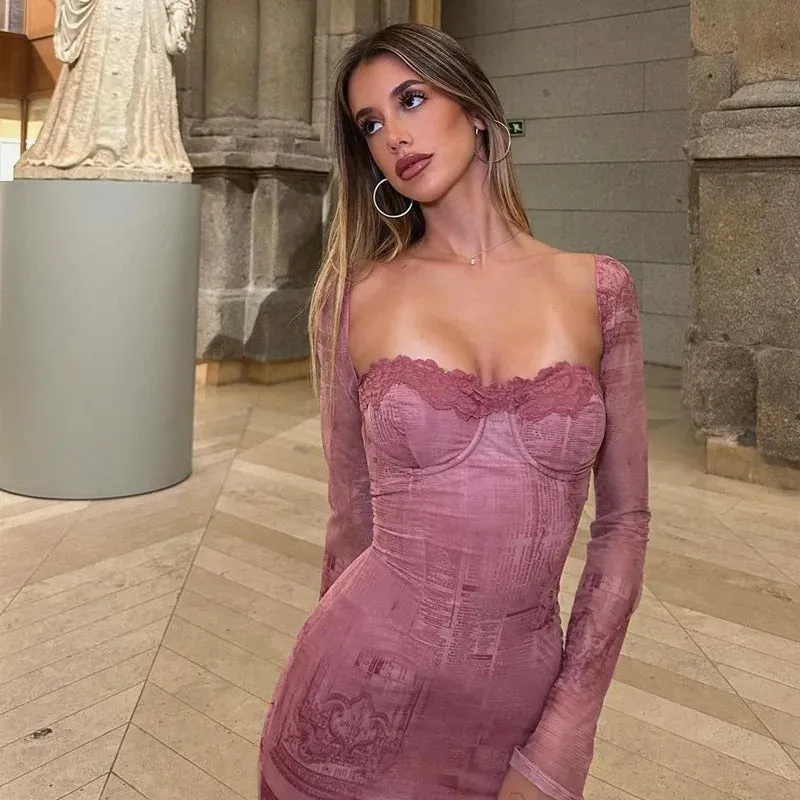 Lace 2024 Up Sleeve Women Bodycon Autumn Long Long Sexy Fashion Backless Slim Dress