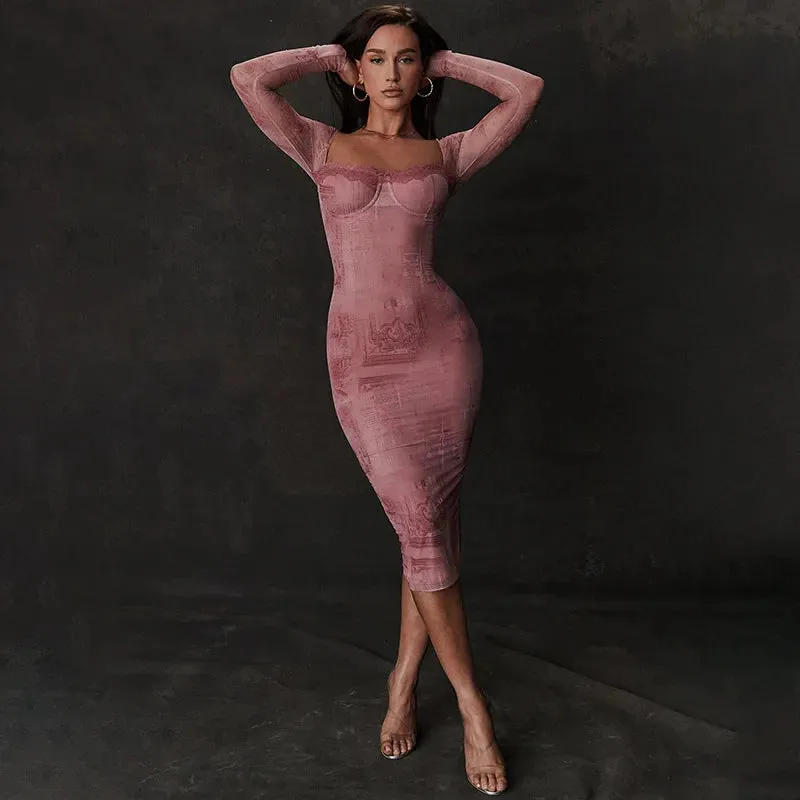 Lace 2024 Up Sleeve Women Bodycon Autumn Long Long Sexy Fashion Backless Slim Dress