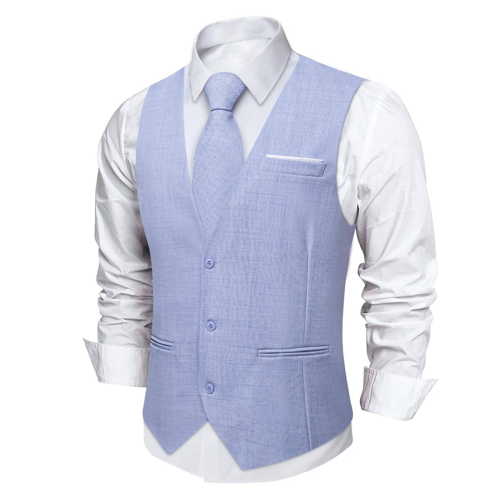 LightBLue Solid Jacquard Men's Vest Hanky Cufflinks Tie Set