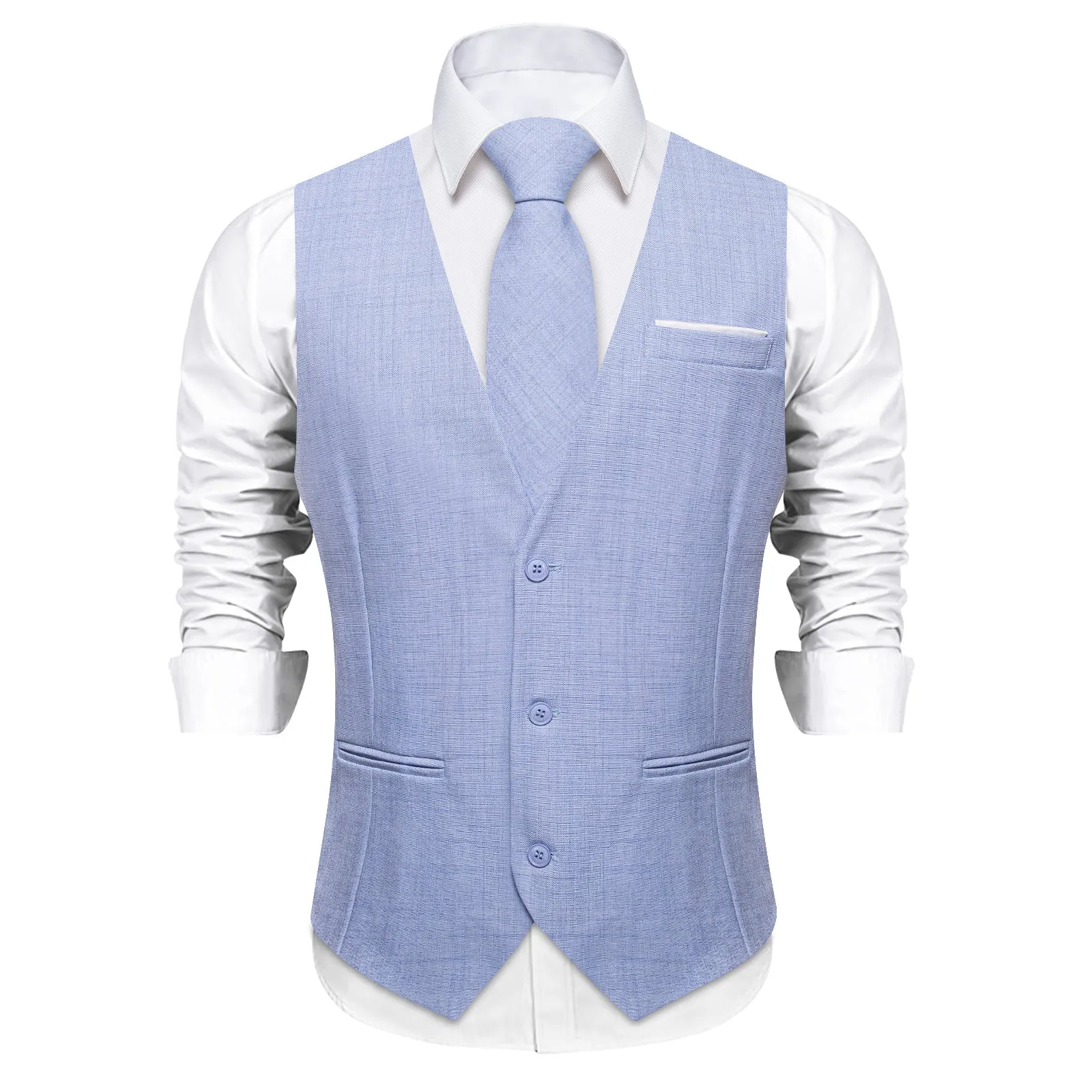 LightBLue Solid Jacquard Men's Vest Hanky Cufflinks Tie Set