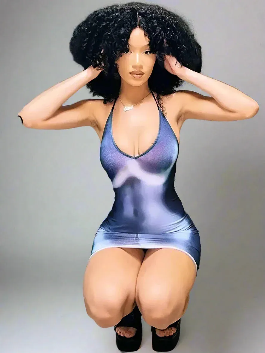 Metaversmall 3D Body Print Sexy Mini Dresses Y2k Streetwear Backless Halter Neck Bodycon Dress Club Outfits for Women C70-BZ14
