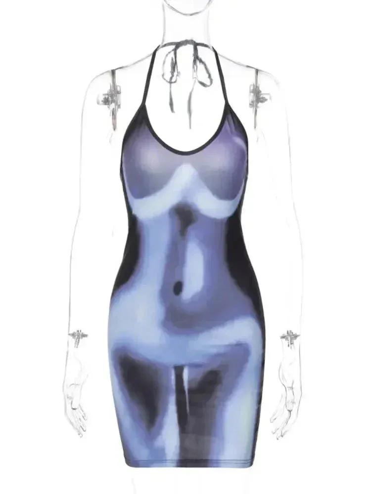 Metaversmall 3D Body Print Sexy Mini Dresses Y2k Streetwear Backless Halter Neck Bodycon Dress Club Outfits for Women C70-BZ14