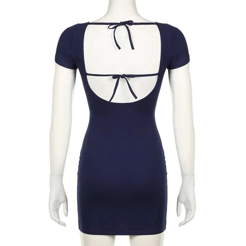Metaversmall Casual Backless Bodycon Summer Dress Female Solid Basic Tie-Up Short Sleeve Streetwear Mini Dress Outfits Sexy Party