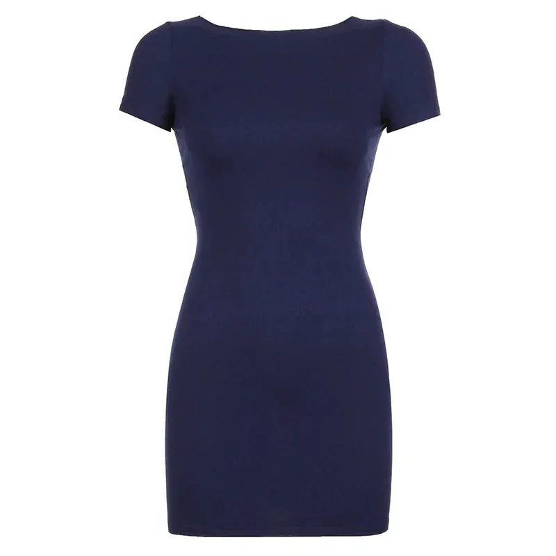 Metaversmall Casual Backless Bodycon Summer Dress Female Solid Basic Tie-Up Short Sleeve Streetwear Mini Dress Outfits Sexy Party