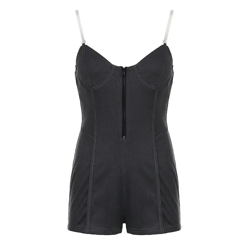 Metaversmall Streetwear Bodycon Sexy Summer Playsuit Women Spaghetti Strap Zipper Stitching Party Jumpsuit Club One Piece Rompers