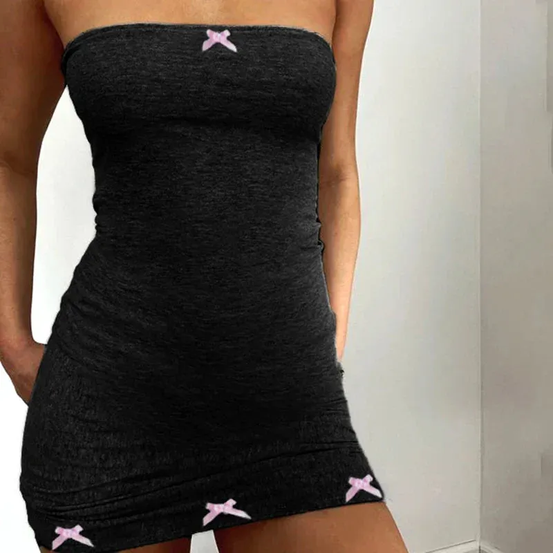 Metaversmall Streetwear Casual Strapless Summer Dress Female Bodycon Bow Coquette Sundress Sexy Off Shoulder Mini Dresses Outfits