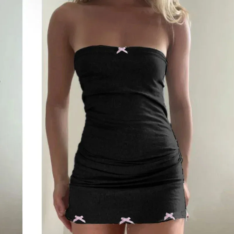 Metaversmall Streetwear Casual Strapless Summer Dress Female Bodycon Bow Coquette Sundress Sexy Off Shoulder Mini Dresses Outfits