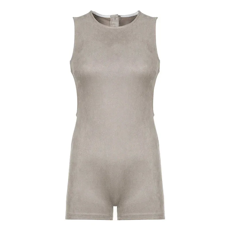 Metaversmall Vintage Fashion Backless Bodycon Playsuit Women Solid Buttons Streetwear Summer Bodysuit Sleeveless Fitness Rompers