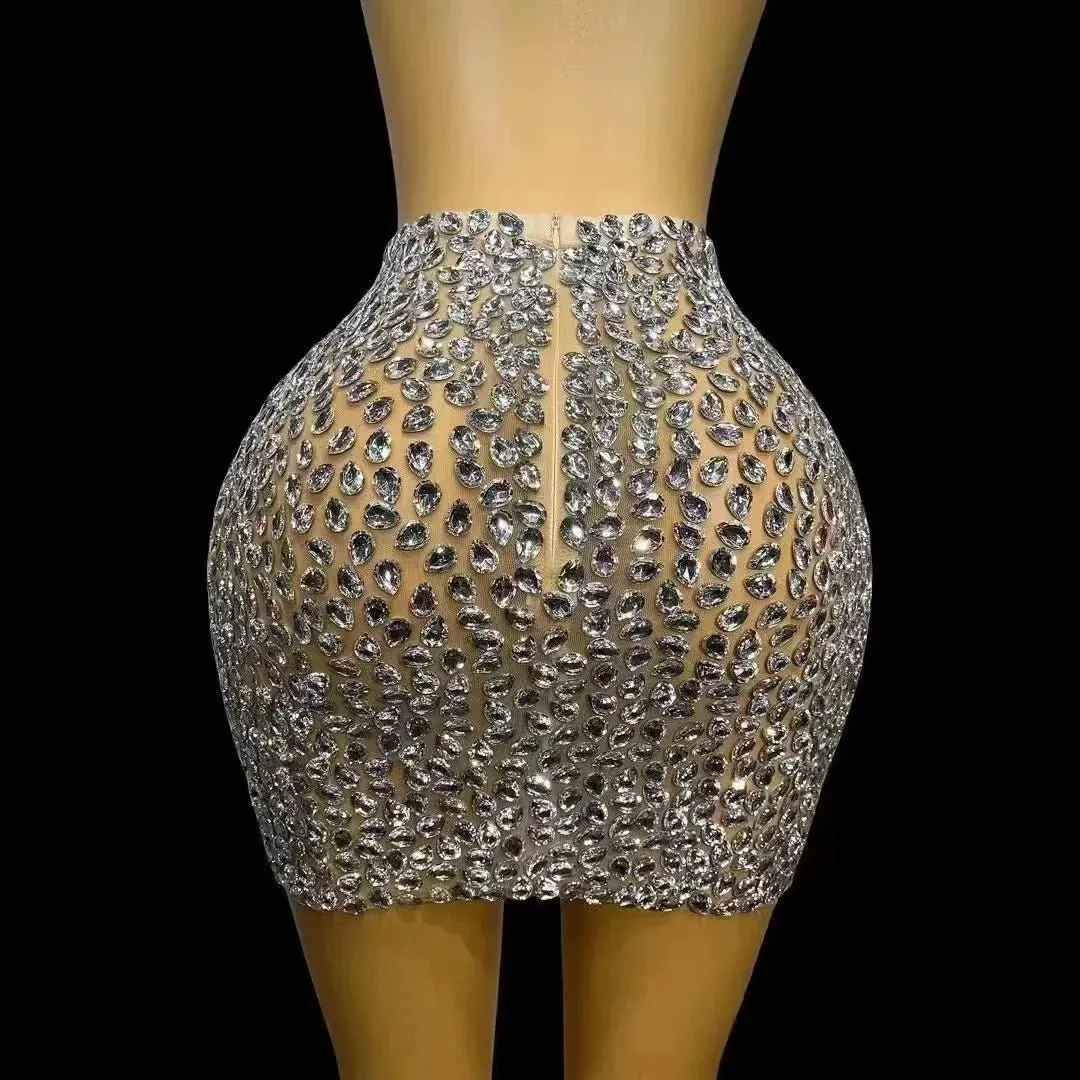 Nightclub Singer Dancer Stage Wear Luxury Rhinestones Sexy See Through Sheath Skirt Evening Party Performance Costume