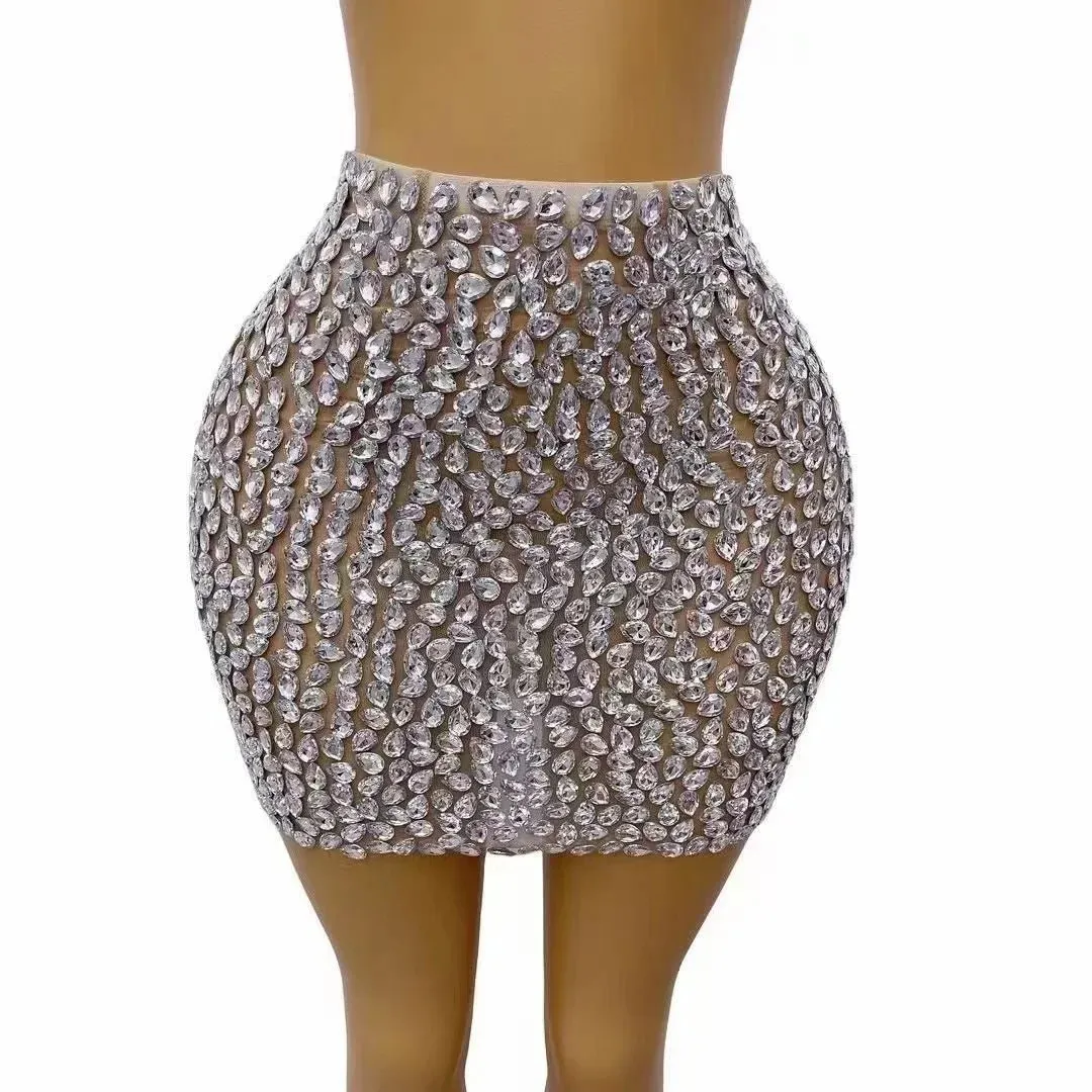 Nightclub Singer Dancer Stage Wear Luxury Rhinestones Sexy See Through Sheath Skirt Evening Party Performance Costume
