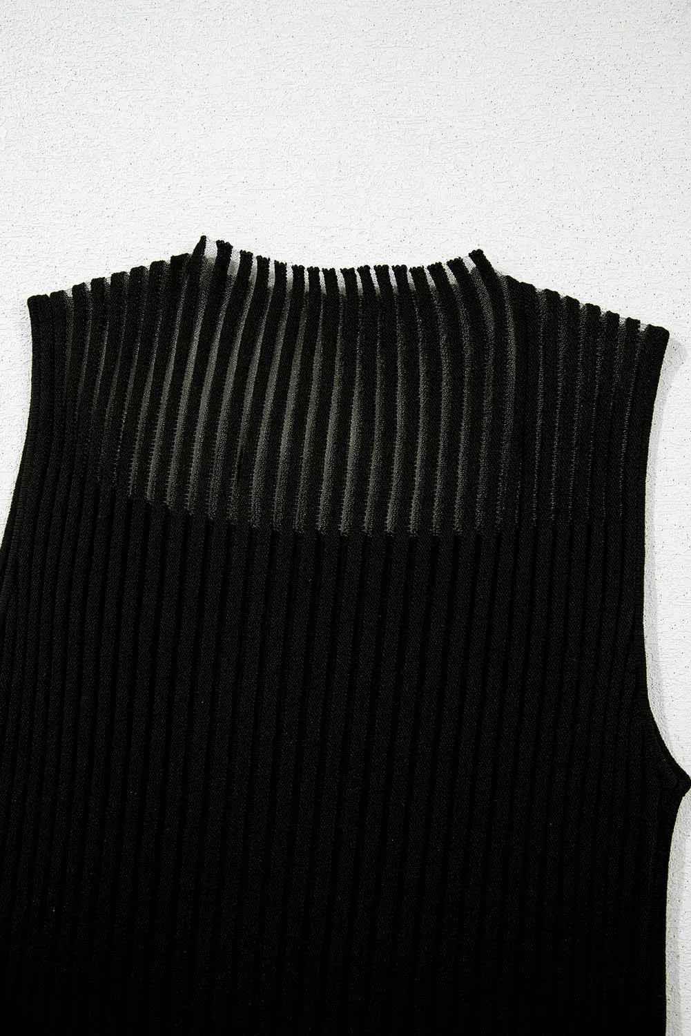 Online Black Ribbed Texture Mesh Cutout Knitted Sweater Vest