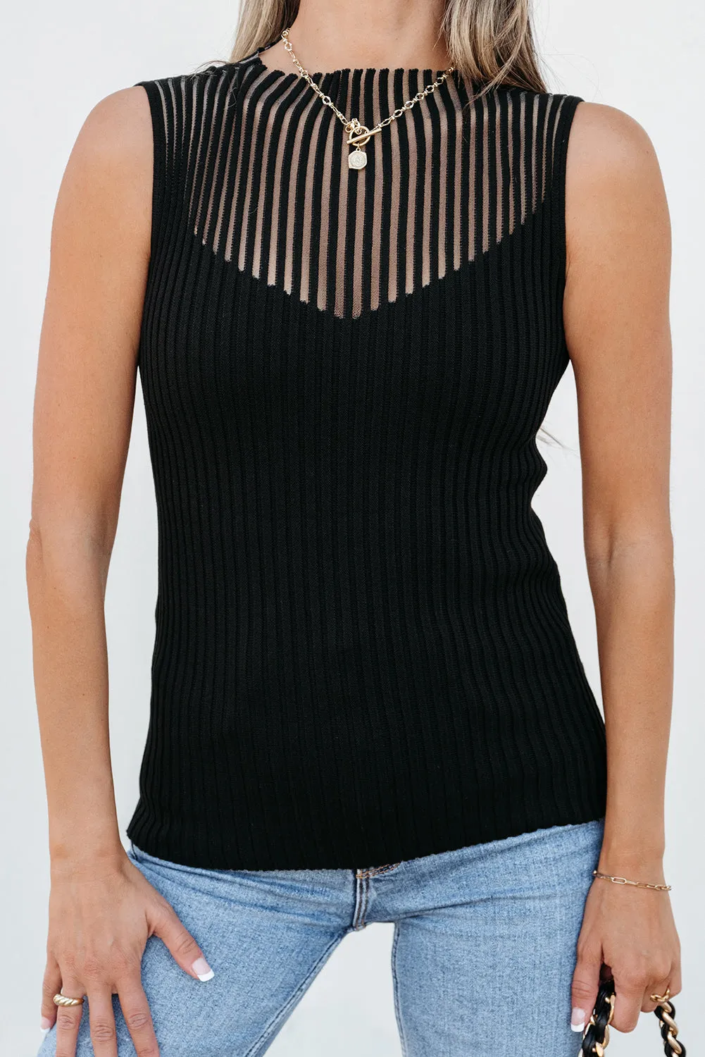 Online Black Ribbed Texture Mesh Cutout Knitted Sweater Vest