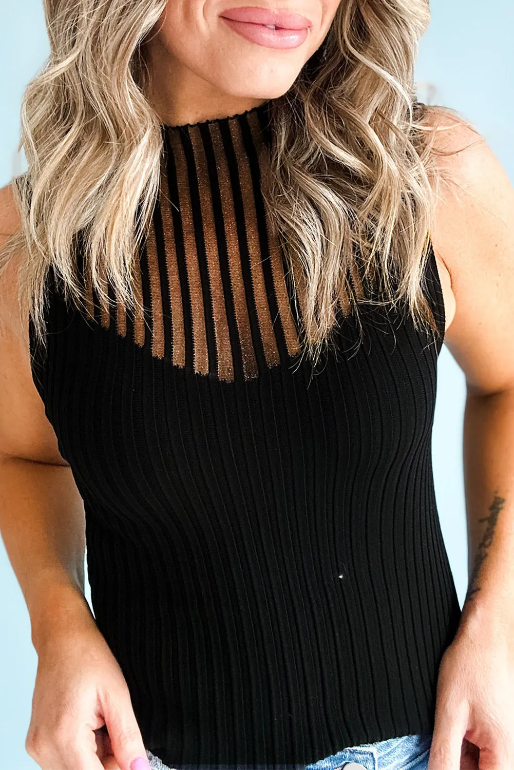 Online Black Ribbed Texture Mesh Cutout Knitted Sweater Vest