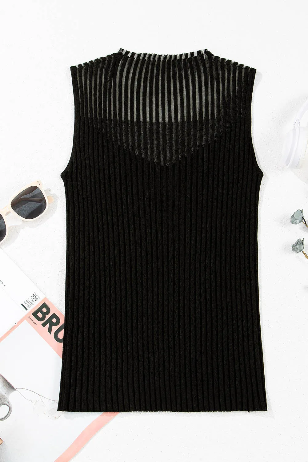 Online Black Ribbed Texture Mesh Cutout Knitted Sweater Vest