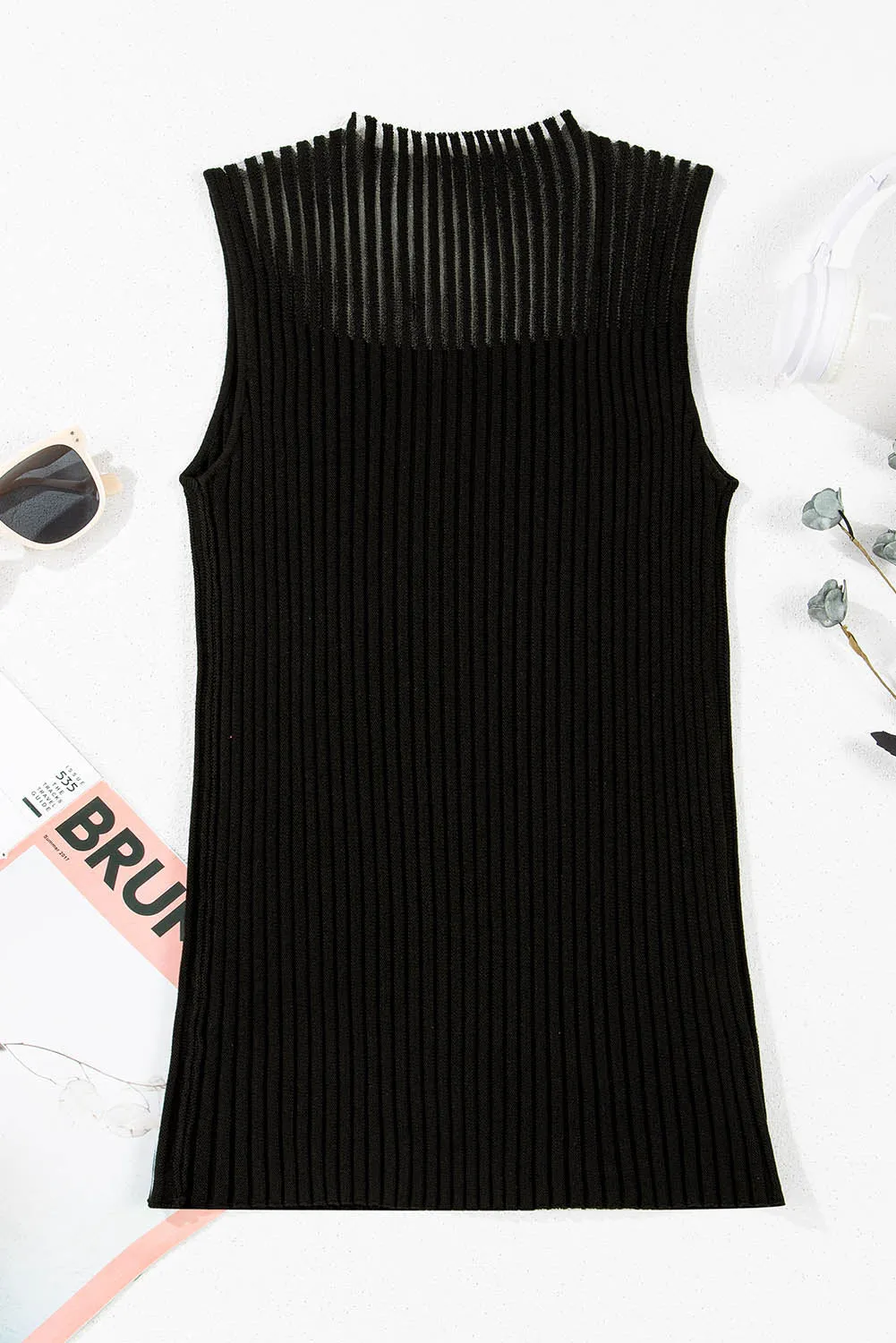 Online Black Ribbed Texture Mesh Cutout Knitted Sweater Vest