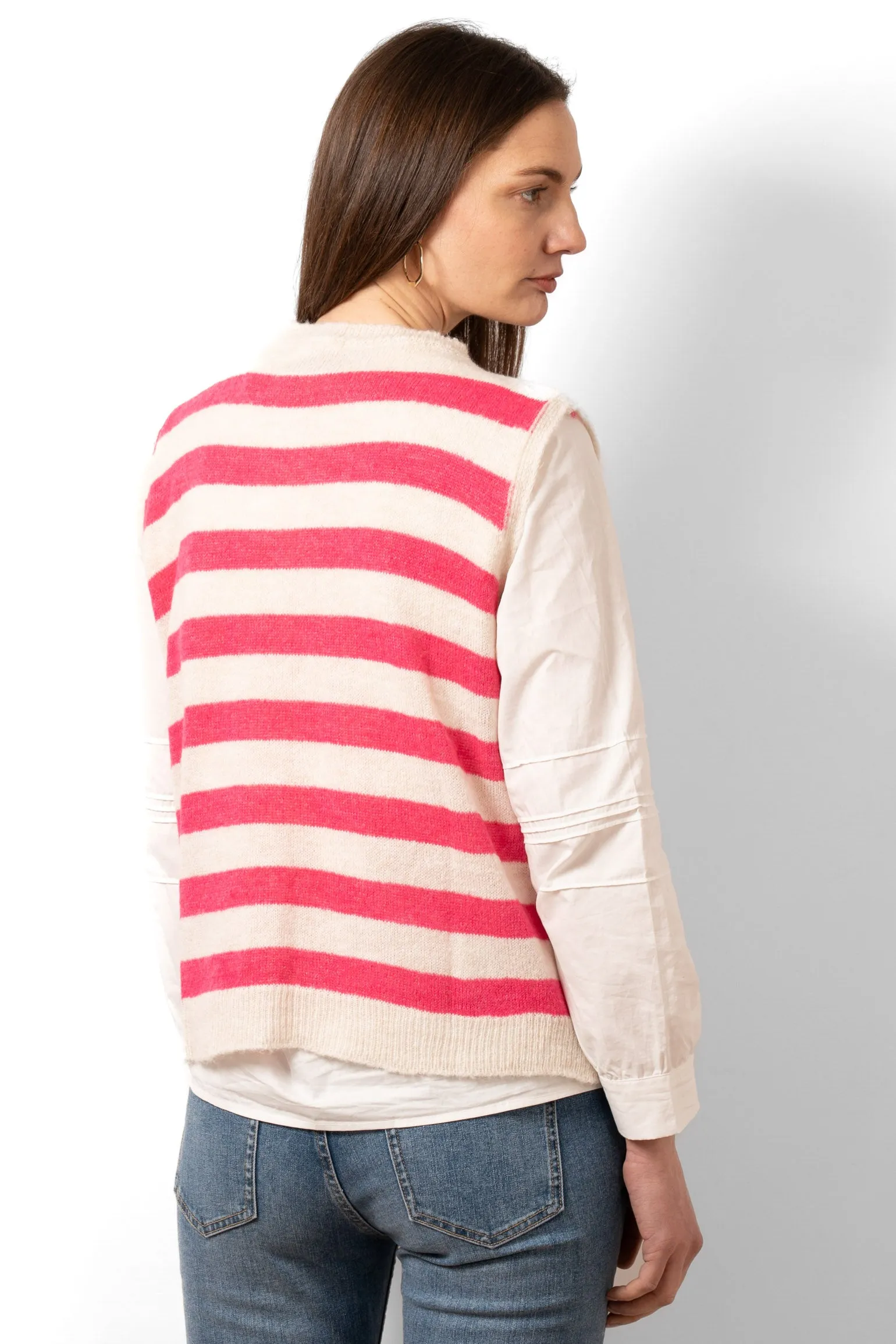 Peyton Wool Blend Round Neck Tank Top - Cream/Fuchsia, Stripe