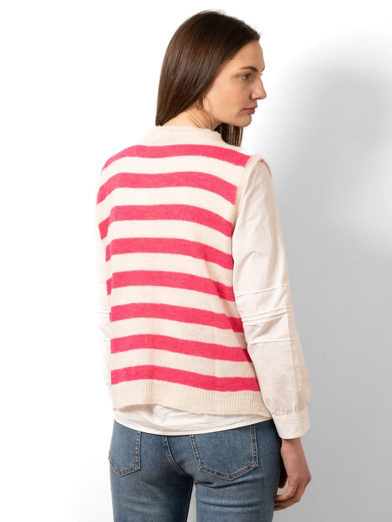 Peyton Wool Blend Round Neck Tank Top - Cream/Fuchsia, Stripe