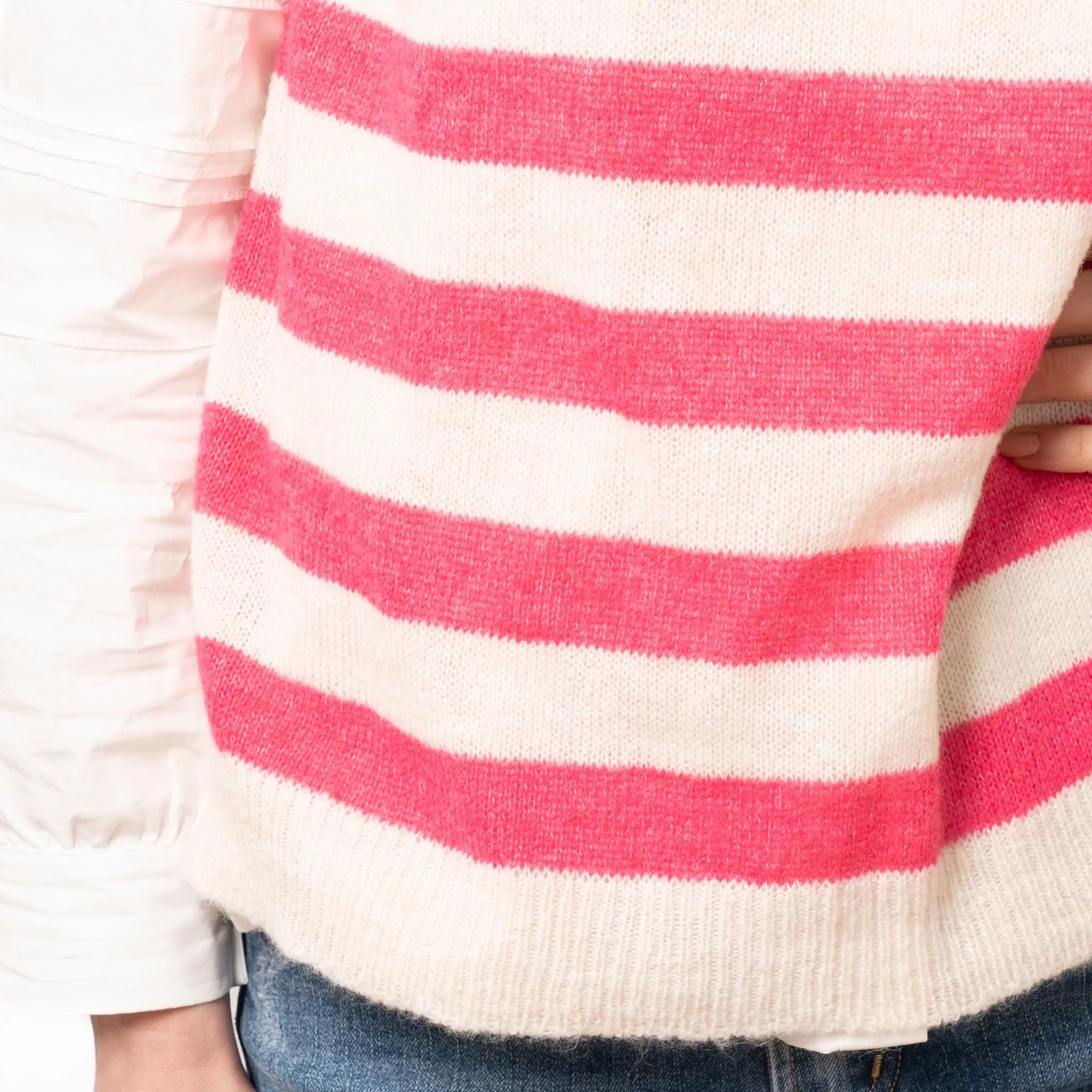 Peyton Wool Blend Round Neck Tank Top - Cream/Fuchsia, Stripe