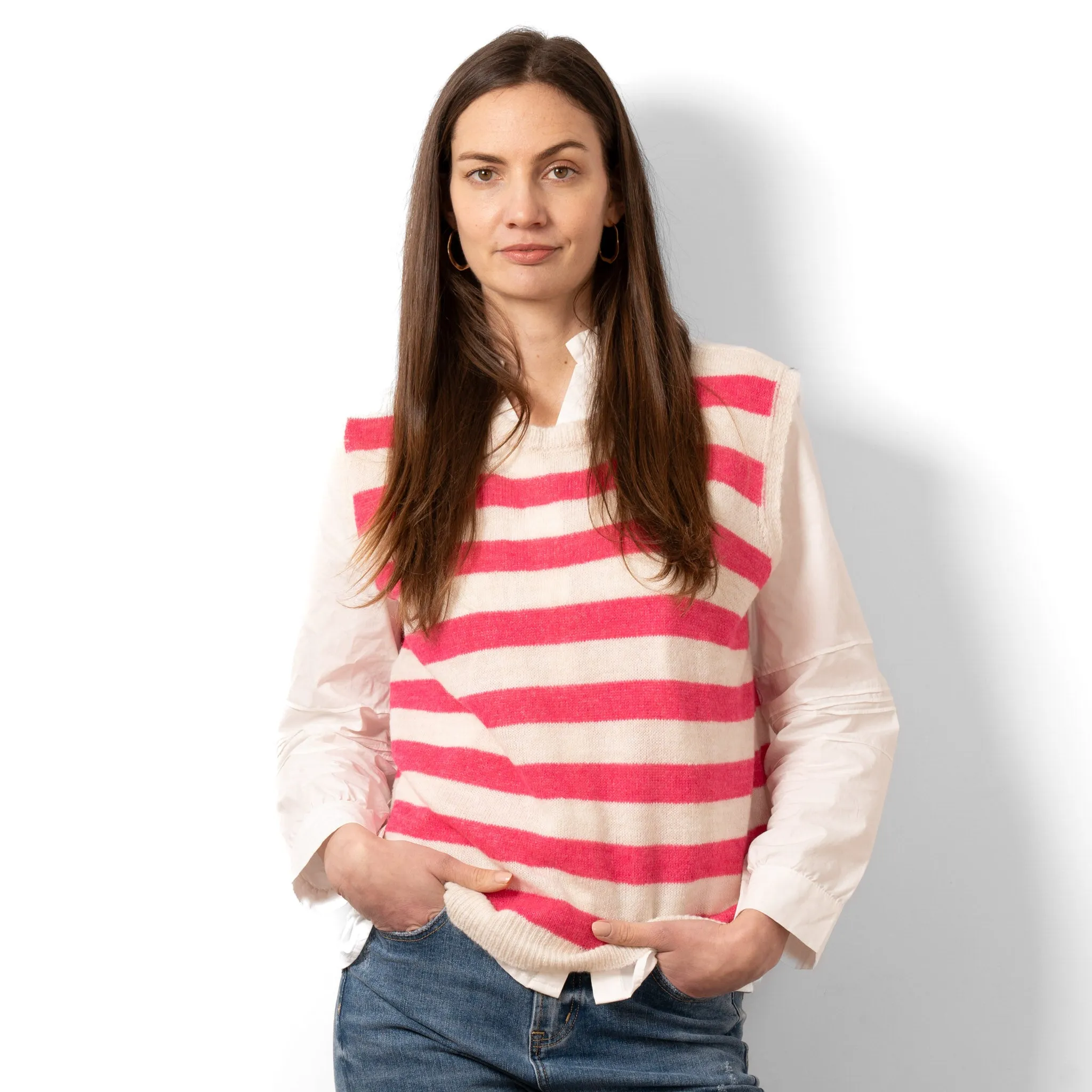 Peyton Wool Blend Round Neck Tank Top - Cream/Fuchsia, Stripe