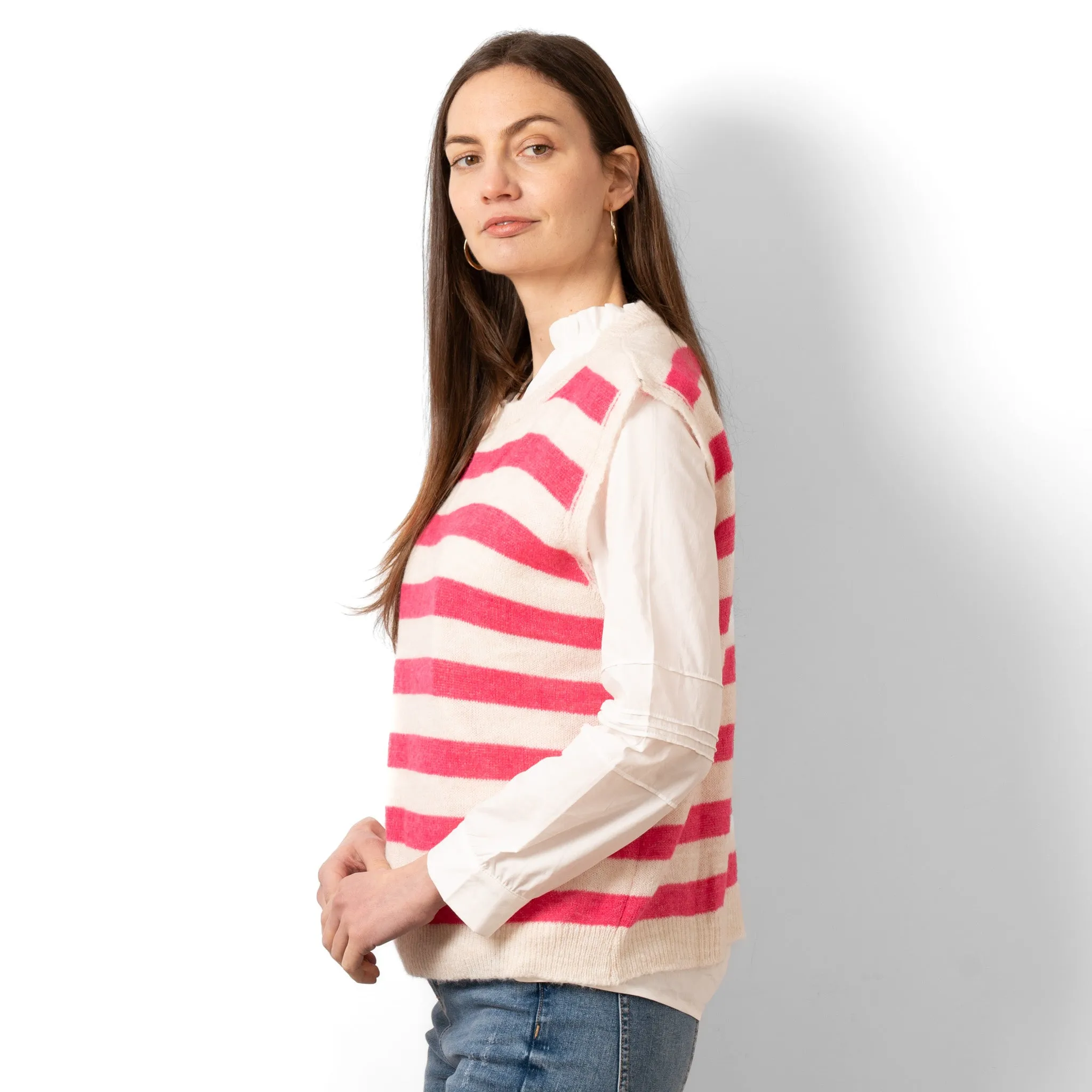 Peyton Wool Blend Round Neck Tank Top - Cream/Fuchsia, Stripe