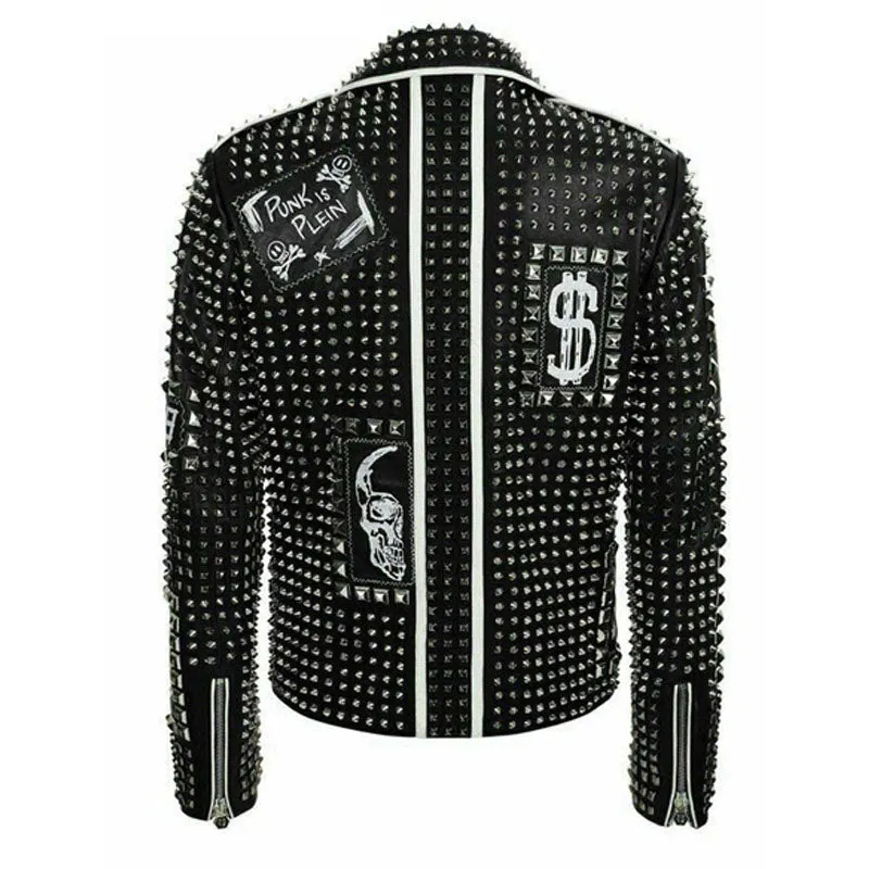 Purchase Mens Punk Biker Full Black Studded Embroidery Patches Fashion Leather Jacket For Sale