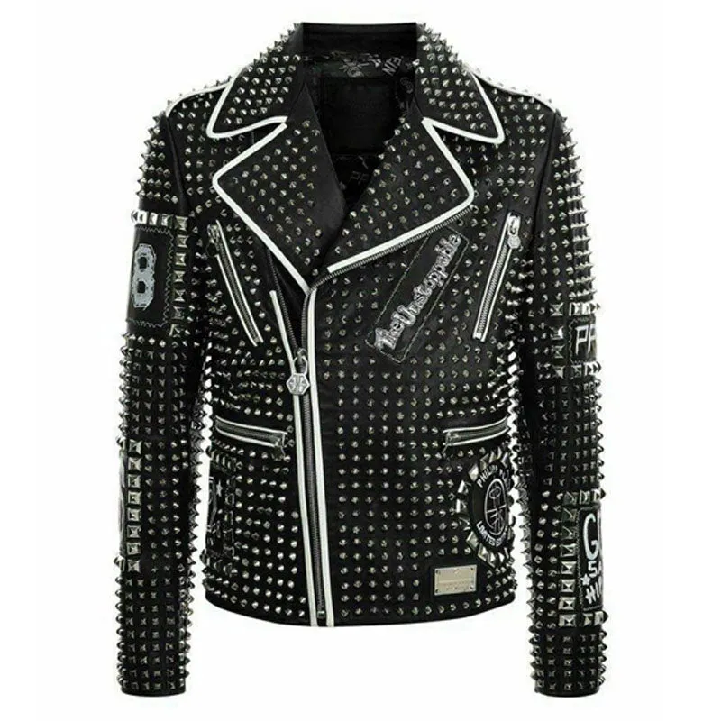 Purchase Mens Punk Biker Full Black Studded Embroidery Patches Fashion Leather Jacket For Sale