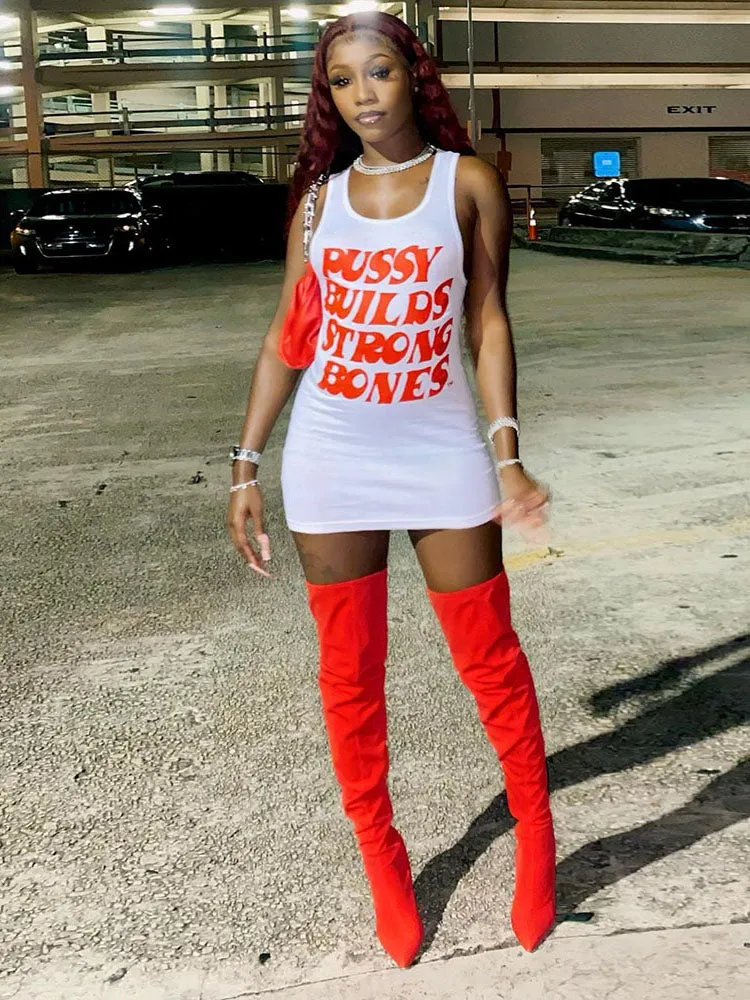 Purpdrank - Letter Print Tank Dress Women Sleeveless Skinny Ribbed O-Neck Summer Casual Trend Bodycon Elastic Daily Streetwear