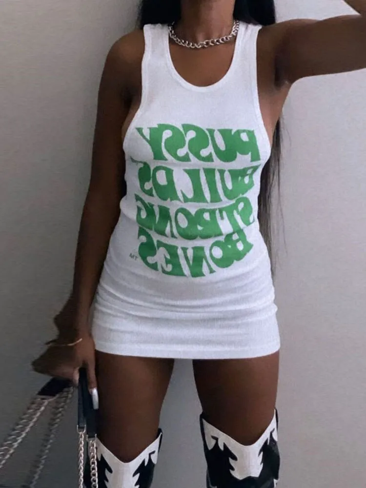 Purpdrank - Letter Print Tank Dress Women Sleeveless Skinny Ribbed O-Neck Summer Casual Trend Bodycon Elastic Daily Streetwear