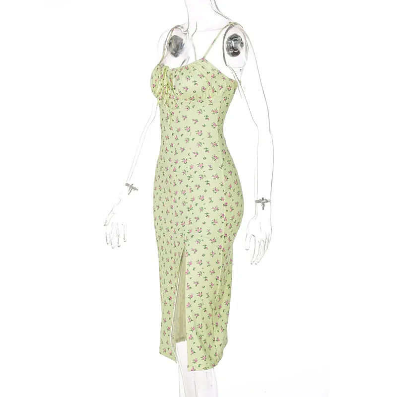 Purpdrank - Women Fashion Summer Sleeveless Bodycon Slim Floral Printed Pencil Split Dress Sundress Female Clothing Streetwear