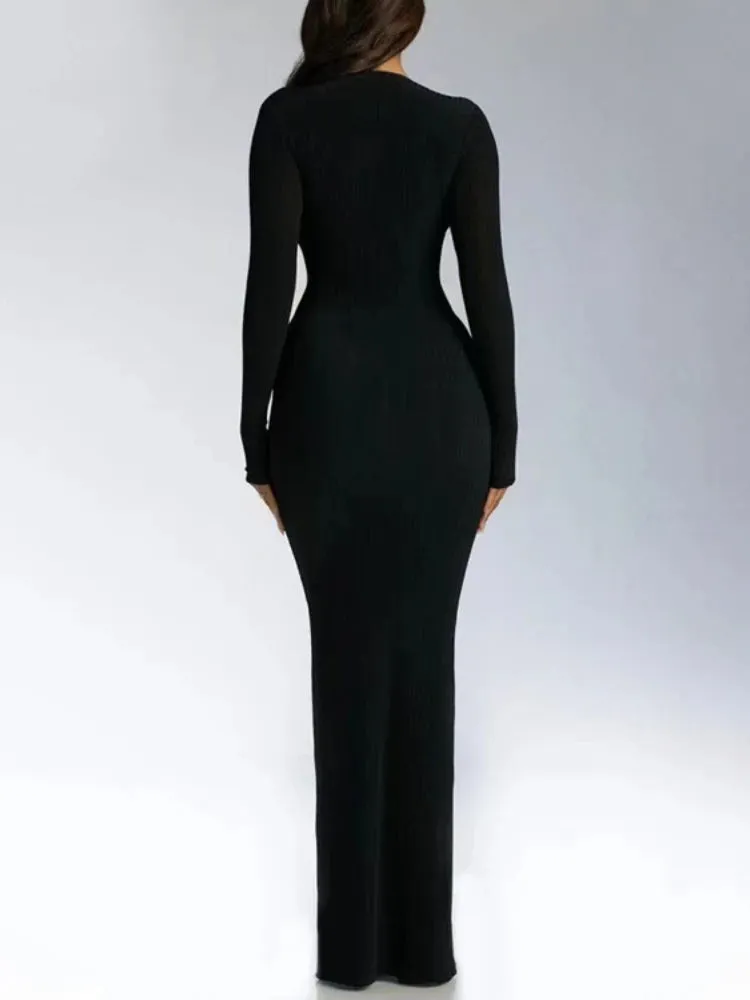 Ribbed Long Sleeve Lace Up V Neck Maxi Dress Bodycon Sexy Y2K Streetwear Party Elegant Birthday Outfits Egirl Clothes