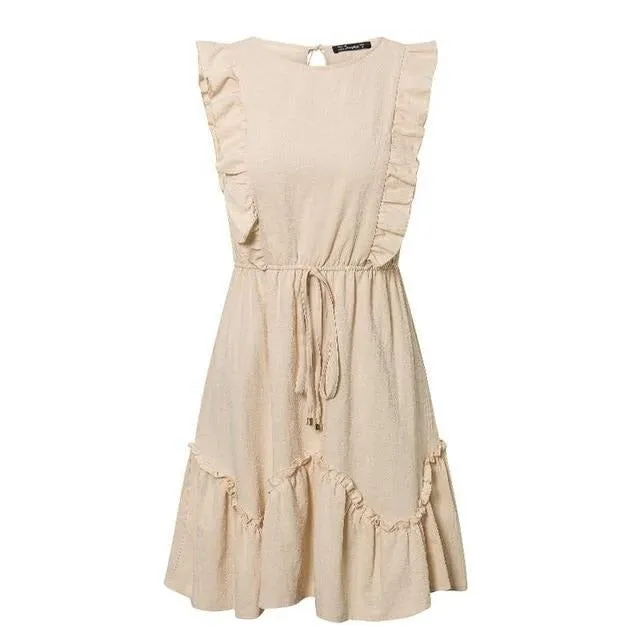 Sleeveless Ruffled High Waist Belt O-neck A-line Summer Cotton Solid Office Mini Dress